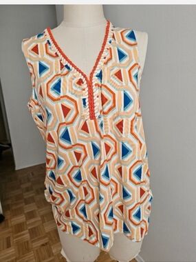 ESQUALO Geometric Print Top in Orange, Teal & Navy